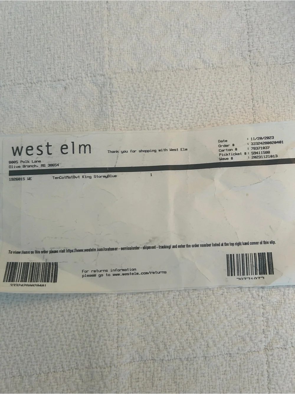 West Elm Cotton Blend Matelassé Duvet Cover Stormy Blue King NWT